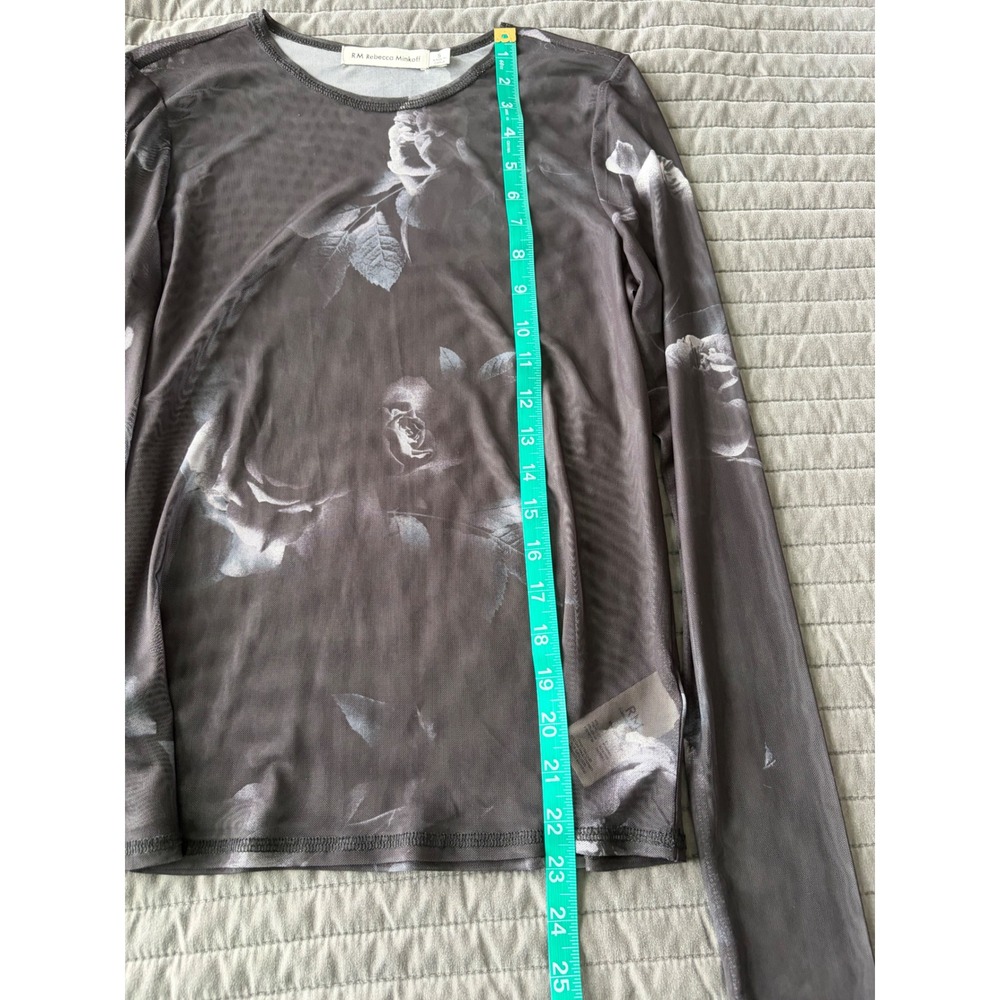 Rebecca Minkoff Grey Floral Mesh Long Sleeve Top Crew Neck Rose Print Small - Picture 5 of 7